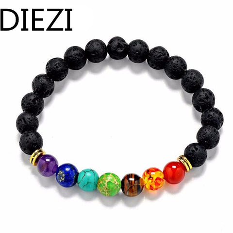 DIEZI New Design Mens Bracelets Black Lava 7 Chakra Healing Balance Beads Bracelet For Men Women Rhinestone Reiki Prayer Stones