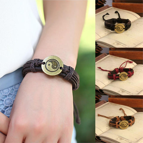 2015 Genuine Leather Tai Chi Charm Bracelet Cuff Braided Wrap Antique Bronze Pendant Bracelet & Bangles Fashion For Women Men